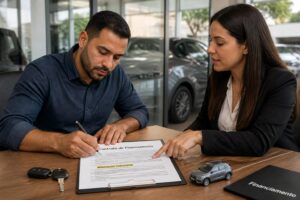 Brazilian man signs a vehicle financing contract while a female consultant points to the alienação fiduciária clause on the document.
