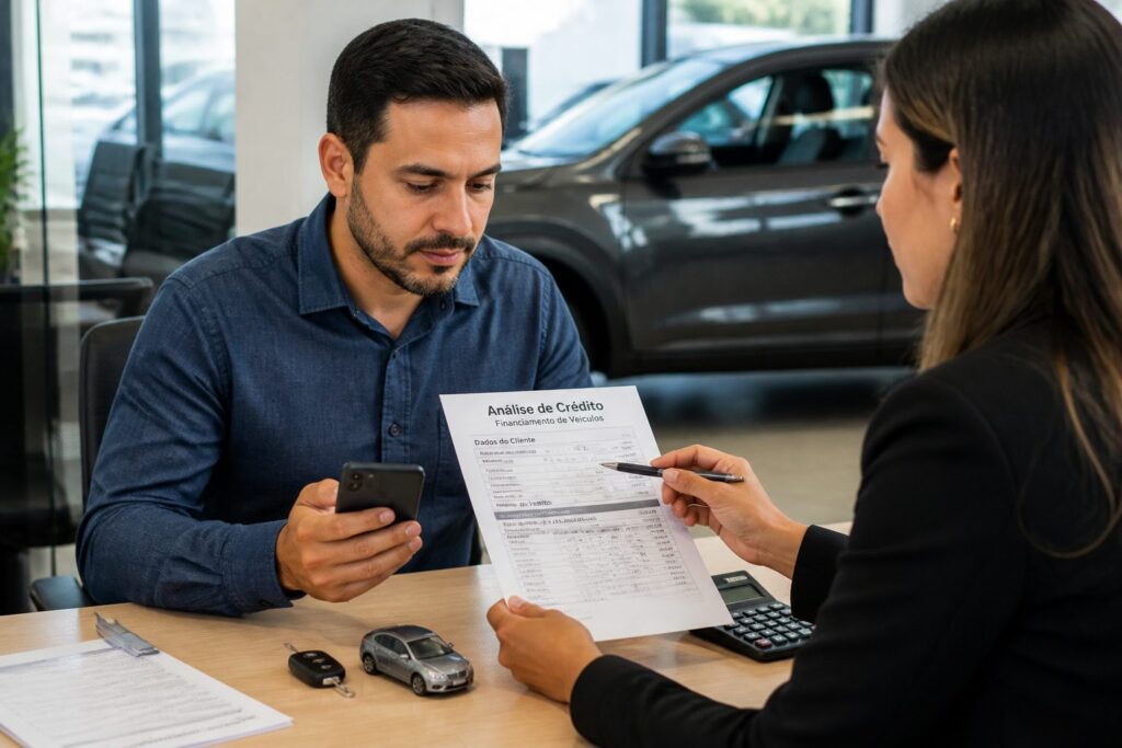A man and a female finance advisor review a credit analysis document for vehicle financing at a car dealership desk.