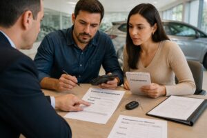 A Brazilian couple reviews a car financing contract with a finance advisor while using a calculator and budget notes at a dealership desk.