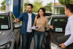 A man and a woman at a Brazilian car dealership compare a new car and a used car while reviewing financing papers.