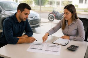 A man compares car and motorcycle financing proposals with a financial consultant at a dealership office.