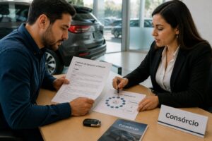 A man and a female financial advisor review a vehicle consortium contract at a car dealership office with car keys on the desk.