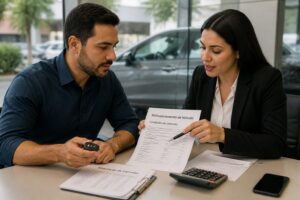 A man and a female financial advisor review vehicle refinancing documents on a desk while the man holds a car key.