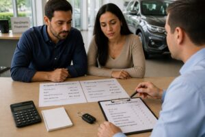 A man and a woman compare two vehicle financing proposals on a desk while a consultant points to the terms.