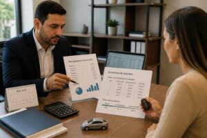 A Brazilian financial advisor and a client review vehicle consortium planning documents on a desk with a model car and car keys.