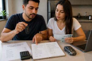 Brazilian man and woman compare a car financing proposal with an investment note while holding a car key at a kitchen table.