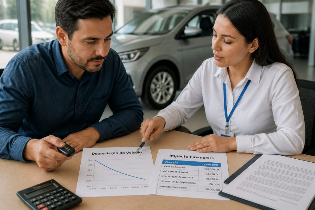 A man and a female financial advisor review car depreciation documents with a downward chart and a calculator on a desk in a dealership office.