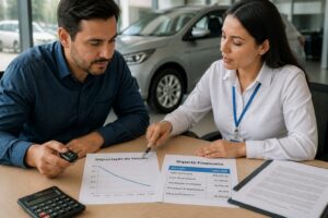 A man and a female financial advisor review car depreciation documents with a downward chart and a calculator on a desk in a dealership office.
