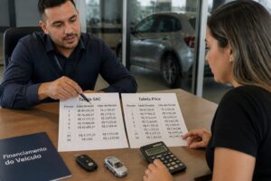 A man financial advisor shows a woman two printed amortization tables labeled SAC and Price during a car loan meeting.