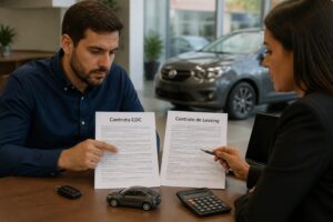 A man compares CDC and leasing contract papers with a woman financial advisor in a car dealership office.