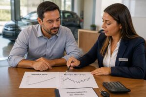 A man and a woman in a car financing office compare two documents labeled fixed income and variable income on a desk.