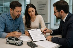 A man and a woman review a vehicle financing contract with a financial advisor while holding a car key.