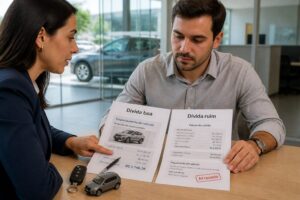 A Brazilian man in a car dealership office compares papers labeled good debt and bad debt while a female advisor points to a vehicle financing document.