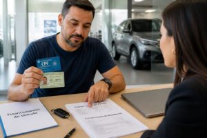 Man in a car dealership office holding CPF and RG while reviewing proof of income and proof of address documents for vehicle financing with a finance advisor.