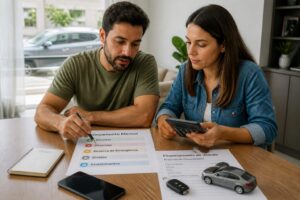 Brazilian man and woman review a monthly budget sheet and a vehicle financing document at a table with a calculator and car keys.