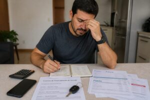 Brazilian man reviews bills and a vehicle financing contract at a table while holding a pen and looking worried.