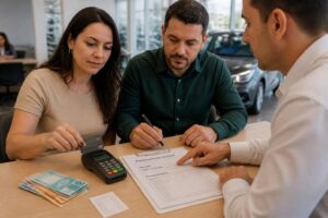 Brazilian couple makes a down payment with a card while a finance advisor points to a vehicle financing contract on a desk.
