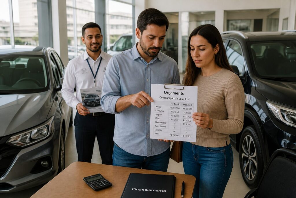 A man and a woman in a Brazilian car dealership compare two cars while reviewing a budget sheet with a salesperson nearby.