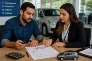 Brazilian man meeting with a financial advisor to review a car financing contract while holding car keys