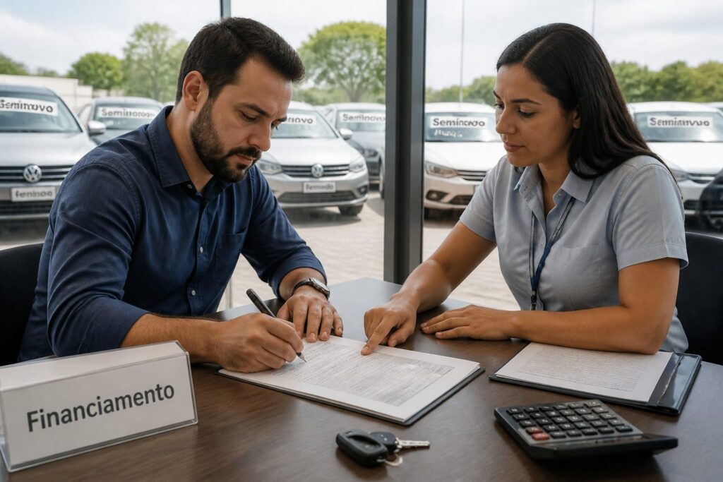 A man signs a used car financing contract while a woman finance consultant points to the paperwork in a car dealership office.