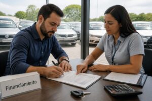 A man signs a used car financing contract while a woman finance consultant points to the paperwork in a car dealership office.