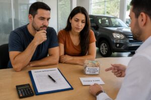 Brazilian couple at a car dealership comparing a financing contract and a savings jar to buy a car in cash.