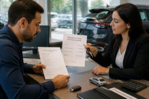 A man reviews a car financing contract while a woman points to a printed list of taxes and fees on a desk with car keys and a calculator.