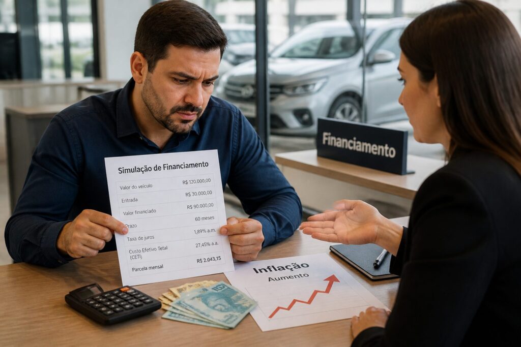 A man reviews car financing papers with a woman advisor while checking inflation and higher costs on a calculator.