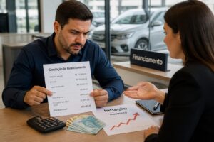 A man reviews car financing papers with a woman advisor while checking inflation and higher costs on a calculator.