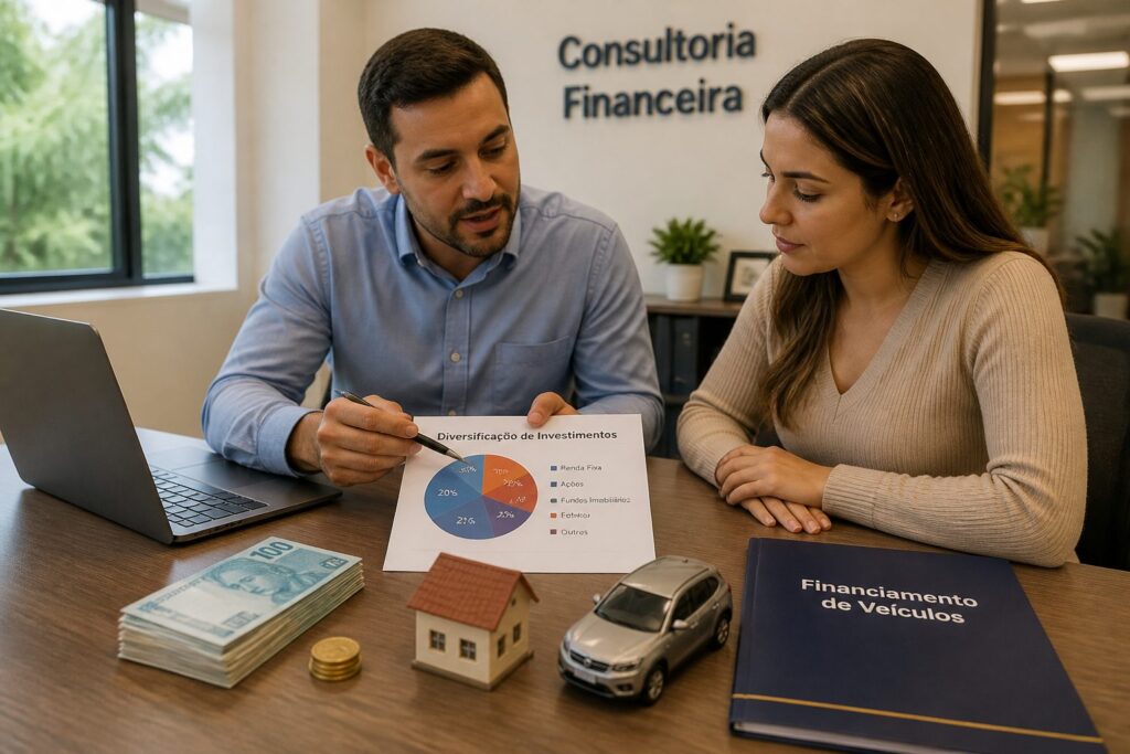 A Brazilian financial advisor explains investment diversification to a woman at a desk with charts and different asset items including cash, coins, a small house model, and a toy car.