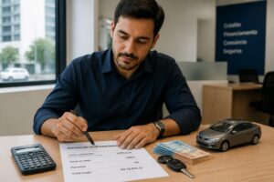 Brazilian man at a financing desk pointing to a compound interest loan sheet beside a calculator, cash, and car keys.