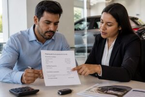 A man reviews a vehicle financing contract while a female consultant points to the interest rate and total effective cost sections.