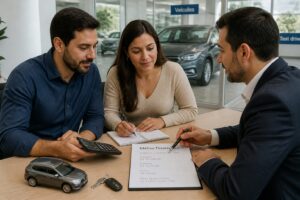 A Brazilian couple reviews a financial goal sheet with an advisor at a car dealership desk with car keys and a model car.