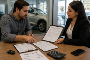A man negotiates a car price and financing terms with a woman at a dealership desk while reviewing printed documents and a car key.