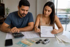 A Brazilian man and woman review a household budget with papers and a calculator while a car key and model car sit on the table.