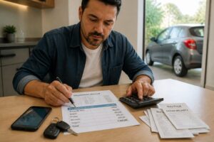 A Brazilian man reviews a car maintenance budget sheet in Portuguese while using a calculator at a table with car keys and receipts, with a car blurred in the background.