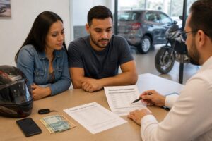 A Brazilian man and woman review a vehicle financing plan with an advisor at a dealership desk, with car keys and a motorcycle helmet nearby.