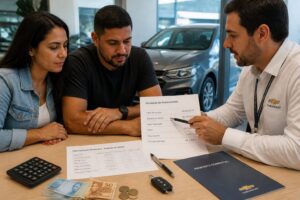 A Brazilian couple reviews a car financing document with a sales consultant while planning the vehicle down payment at a dealership desk.