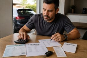 A Brazilian man uses a calculator and reviews car documents to plan IPVA, insurance, and fuel costs at a desk.
