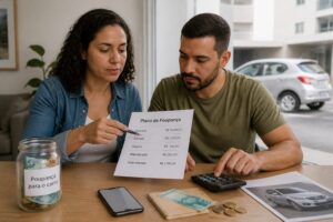 Brazilian couple at a table using a calculator and a savings jar while planning money to buy a car