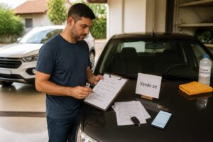 A Brazilian man stands by his car in a driveway, reviewing sale paperwork and a checklist while a newer car is visible in the background.