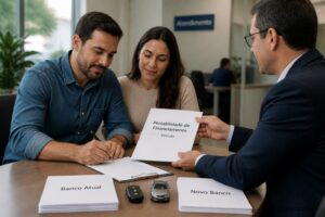 A man and woman review and sign vehicle loan portability documents with a bank advisor on a desk with car keys.