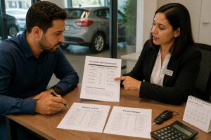 A man reviews a car financing contract while a woman advisor points to loan term options on the desk.