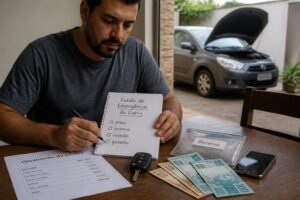 A Brazilian man at a table sets aside money and reviews a car repair estimate while holding car keys.