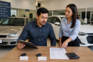 A man in a car dealership compares paperwork and two sets of car keys while a saleswoman points at a financing document.