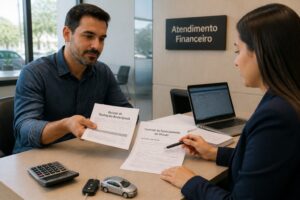 Man and female financial advisor reviewing a car loan contract while he hands over an early payoff payment slip with car keys on the desk.