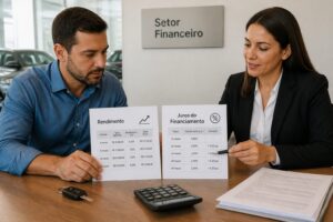 A man and a woman in a car dealership office compare documents labeled rendimento and juros do financiamento on a desk with a calculator and car keys.