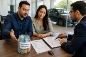 Brazilian couple at a car dealership reviewing a vehicle financing contract with an emergency fund jar on the desk.