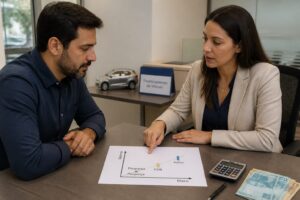 A man and a woman in a financial office review a printed risk and return chart on a desk.