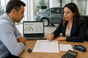 A man reviews a car financing document with a finance consultant while a laptop shows a credit score screen.